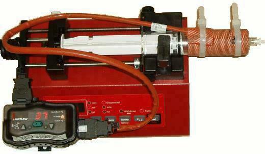 Picture of syringe heater being used on a NE-1000 syringe pump